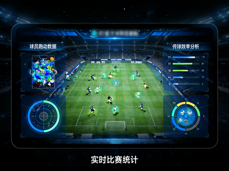 数据科学与足球分析概念图 - 屏幕上显示着足球比赛的数据图表与可视化图形